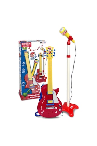 Bontempi Elektronik Rock Gitar Tuşlu Telli Askılı Ayaklı Mikrofon Kırmızı