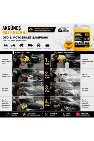 Akgüneş Motogaraj 5 Litre Oto Ve Motosiklet Şampuanı Direkt Kullanıma Hazır Makine Ve Kova Kullanımına Uygun Yerli Üretim Tüm Taşıtlara Uyumlu Ekonomik Boy