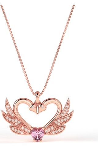 925 Ayar Zirkon Taşlı Rose Birleşen Kuğular Kalp Motifli Gümüş Aşk Kolyesi Gümüş - Rodyum