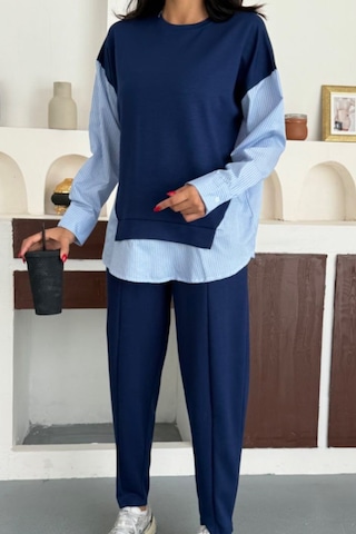 Ded Collectıon Kadın Çizgili Uzun Kollu Gömlek Detaylı Yuvarlak Yaka Sweatshirt Modal Takım Lacivert