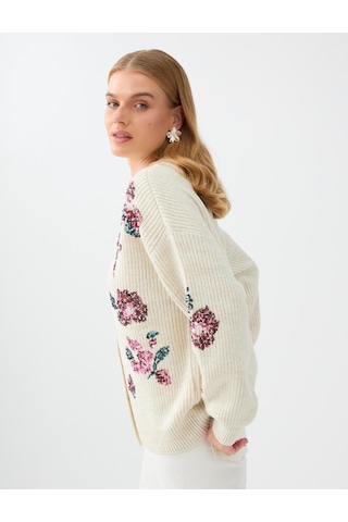 Jimmy Key Kırık Beyaz Floral Payet İşleme Detaylı V Yaka Triko Hırka 6ww108197106