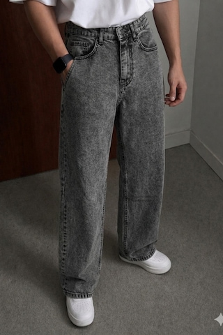 Tarz Cool Erkek Bol Paça Jean Pantolon Rahat Kesim Denim Füme