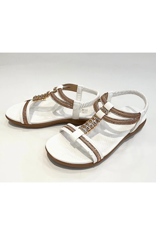 Guja 26y240-10 Kadın Taşlı Düz Taban Günlük Comfort Sandalet Beyaz