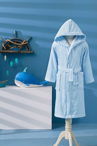 Boy Marine Kapüşonlu Kadife Çocuk Bornozu 15 Yaş Mavi
