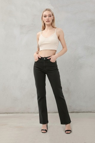 Kene Jeans Paça Yan Yırtmaç Siyah Boyfriend Bol Paça Pantolon Siyah