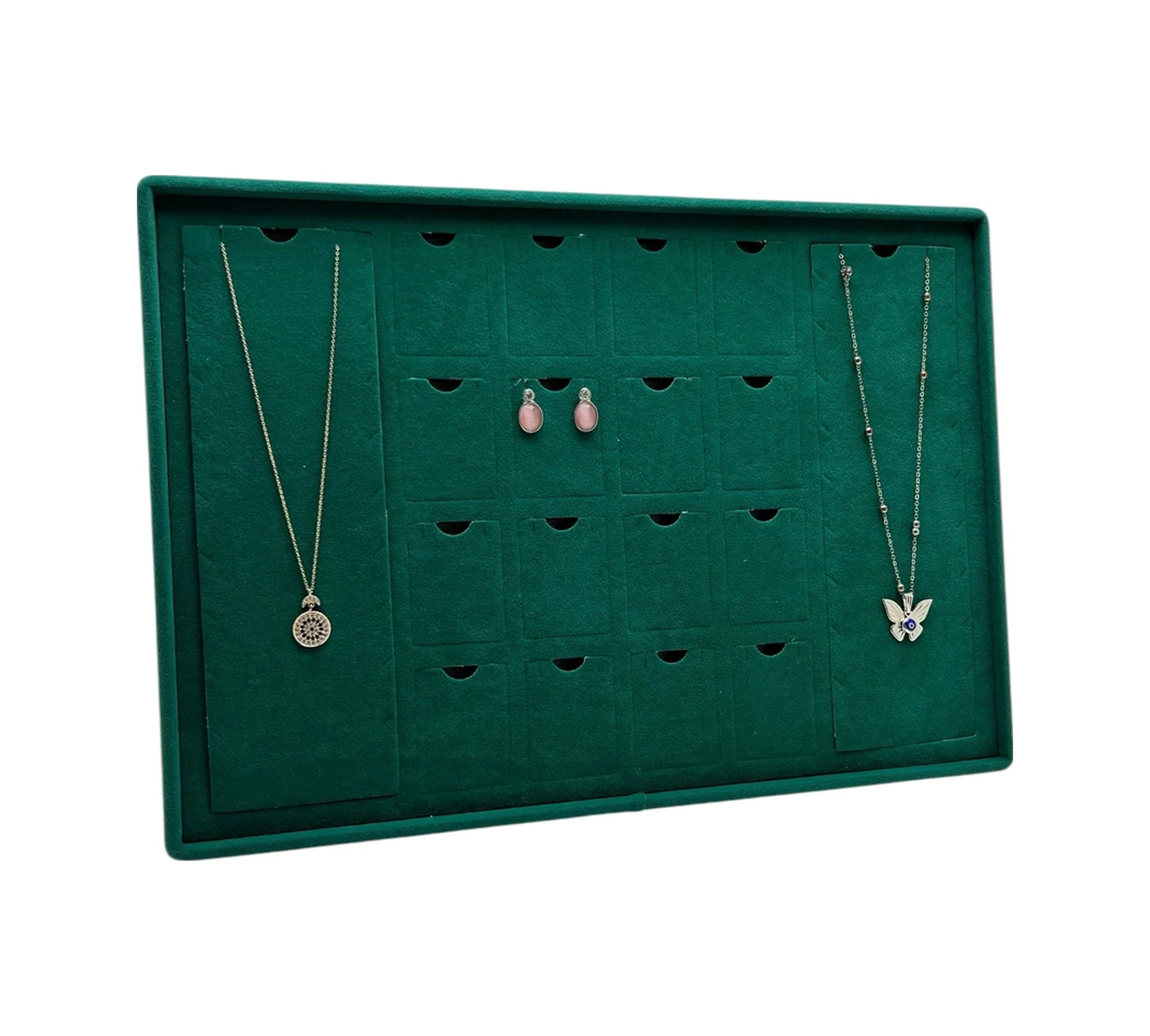 Süet Kumaş Yeşil 34-24 Cm Ayaklı 18 Pedli Kolye Tabla Stand