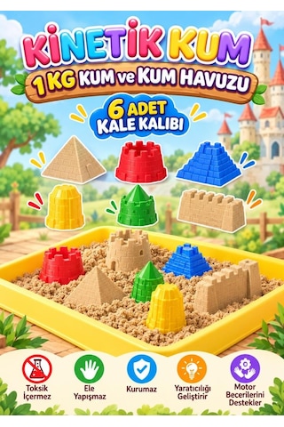 Kale Temalı Kinetik Kum 1000 Gr 6 Adet 3d Kalıplı Ve Kum Havuzlu Yapışmaz Kurumaz Oyuncak Kum Seti