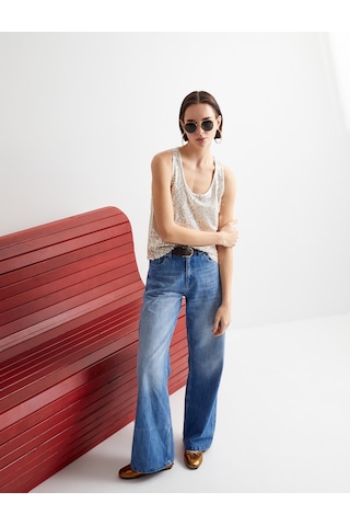 Koton Geniş Paça Kot Pantolon Standart Bel Cepli - Bianca Wide Leg Jeans Orta İndigo 4sal40333md İndigo