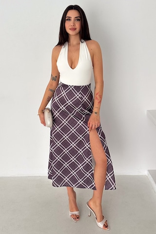 Kadın Yırtmaç Detaylı Ekose Uzun Etek Slit Plaid Mor