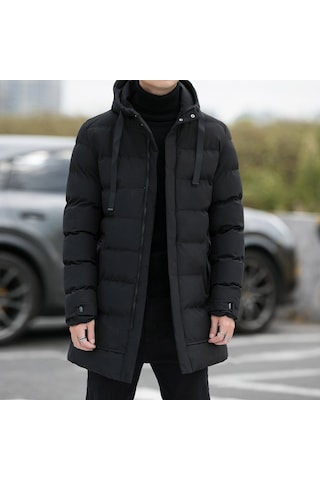 Orta Kalınlık Kışlık Rahat Ve Hafif Pamuklu Kapüşonlu Moda Erkek Mont Siyah