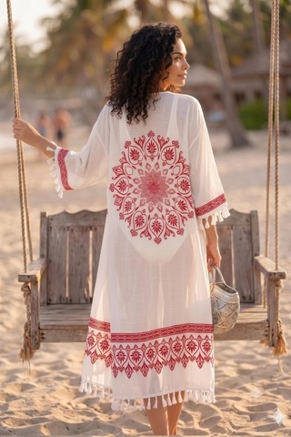Rovebella Rosso Mandala Desenli Uzun Kimono Beyaz
