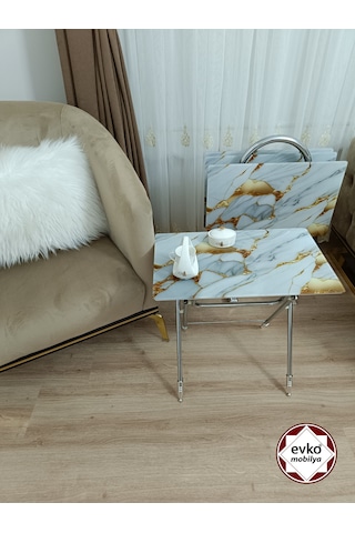 Evko Mobilya Çanta Zigon Sehpa, 4'lü Sehpa, Zigon Sehpa, Servis Sehpası, Camlı Sehpa, Katlanır Sehpa Sarı Mermer Beyaz - Sarı