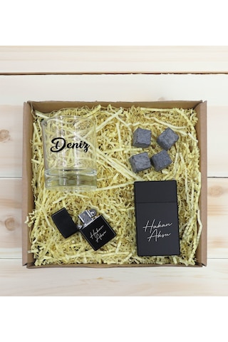 Bk Gift Kişiye Özel İsimli Viski Kadehi&viski Taşı&çakmak&sigara Kutusu Hediye Seti, Sevgiliye Hediye, Arkadaşa Hediye, Doğum Günü Hediyesi Kobitmeyen