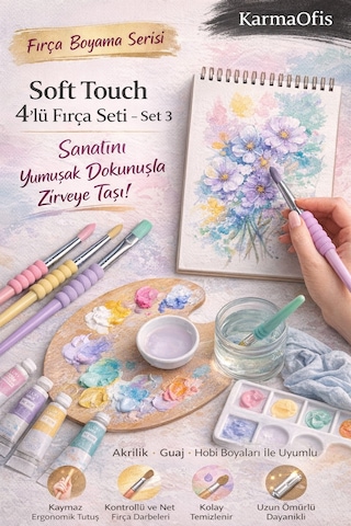 Soft Touch 4 Lü Fırça Seti Set 3 Yuvarlak & Yassı Uç Akrilik Guaj Hobi Boya Fırçası