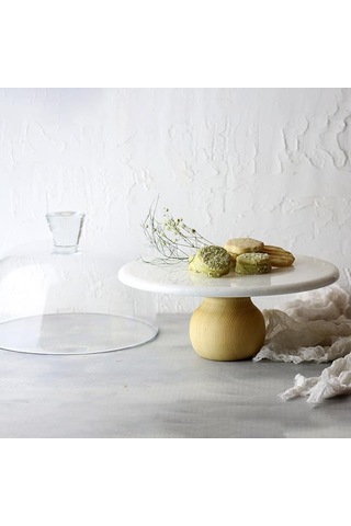 Akayev Mermer 25 CM Ahşap Ayaklı Beyaz Cam Fanus