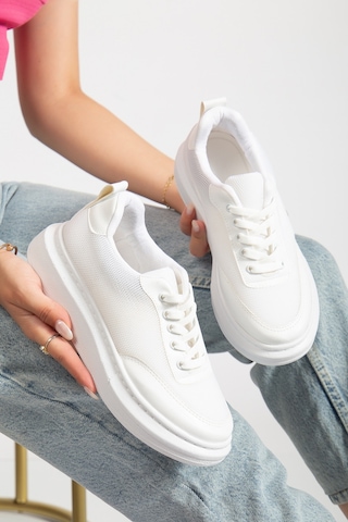 Erceka Aynalı Bağcıklı Kadın Spor Ayakkabı Günlük Kullanıma Uygun Sneaker Siyah-beyaz Ve Fileli Beyaz - Siyah