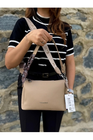 Kadın Orijinal Just Polo Yumuşak Deri Şal Detaylı Ayarlanabilir Askılı El Ve Omuz Çantası Shopper Bej