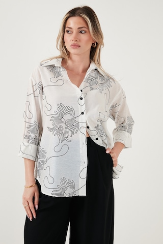 Lela Desenli Regular Fit Uzun Kollu Bayan Gömlek 6773200 Beyaz-Siyah