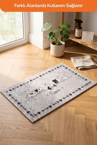Sevimli Kedi Desenli Kedi Mama ve Su Kabı Altı Paspası 53 x 31 CM