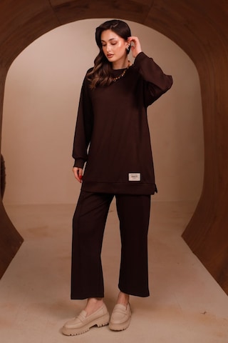 Balenbi Kadın Oysh Modal Kumaş Oversize 80 Cm Tunik Bol Paça Pantolon Tesettür Takım 1228 Kahverengi