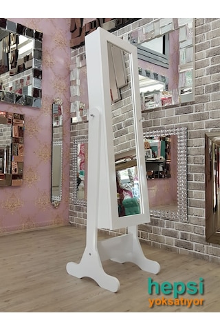 Ayna Denizi Klasik Model Beyaz Renk Ayaklı Boy Aynalı Takı Dolabı