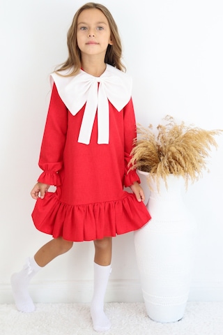 Kız Çocuk Rashel Kırmızı Yakalı Fırfırlı Uzun Kol Keten 23 Nisan 29 Ekim Gösteri Elbisesi Kırmızı
