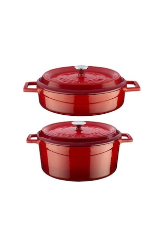 Trendy Döküm 2 Li Tencere Set 28cm Derin Basık Kırmızı Kırmızı