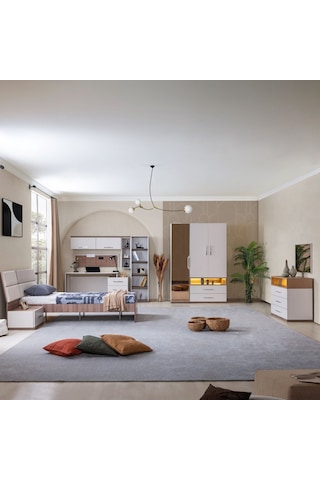 Milano Genç Odası - 3 Kapaklı Aynalı Dolap, Karyola, Komodin, Çalışma Masası, Şifonyer, Kitaplık Beyaz