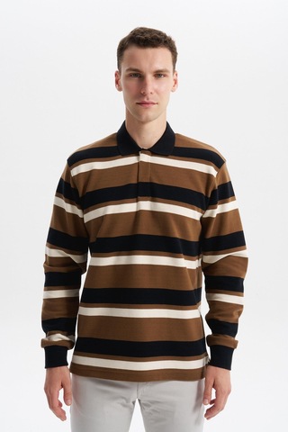 AR-MA Arma Erkek Ribanalı Büyük Beden Battal Boy Çizgili %100 Pamuk Ringel Ottoman Kumaş Polo Yaka Düğmeli Sweatshirt K30554801702 Siyah