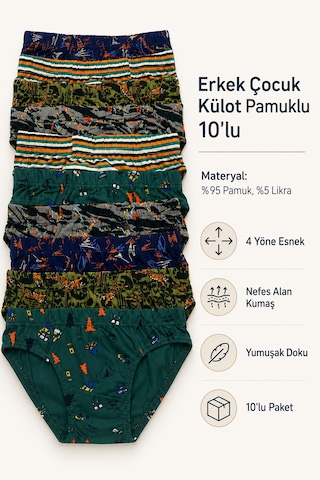 Tom John Erkek Çocuk Külot Pamuklu Likralı Garson 10 Lu Paket 30948 Çok Renkli