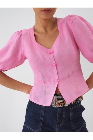 Xint Pembe %100 Keten Regular Fit Bluz 751075