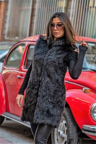 Veraura Lifestyle Siyah Arkası Deri Detaylı Cepli Uzun Suni Kürk Yelek
