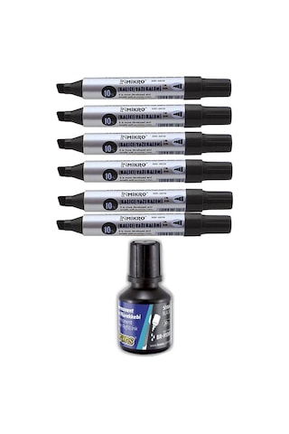 Siyah 10 Mm Kesik Uçlu Markör Permanent Kalem 6 Adet Ve Siyah Mürekkep 1 Adet Çuval Koli Kalemi