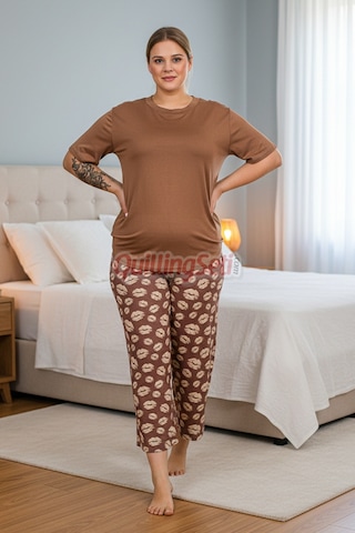 Lady Kahverengi Renk Ve Desenli 10738 Pamuklu Büyük Beden Kapri Anne Pijama Takımı