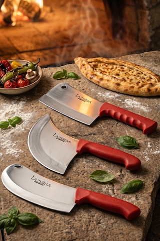 Lazbisa Mft-158 Silver Serisi Pide Börek Mutfak Bıçağı Salata Pizza Bıçak Kıyma Tavuk Satırı 3 Lü Set Ahşap - Kırmızı