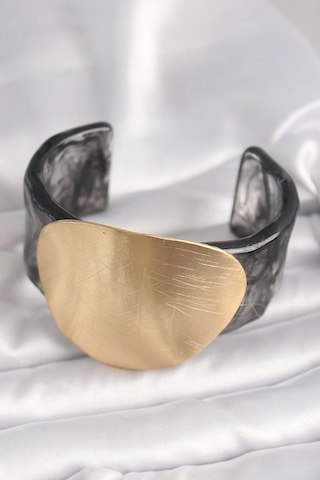 Siyah Mermer Desen Akrilik Plastik Gold Daire Plaka Model Vintage Kadın Bilezik Siyah