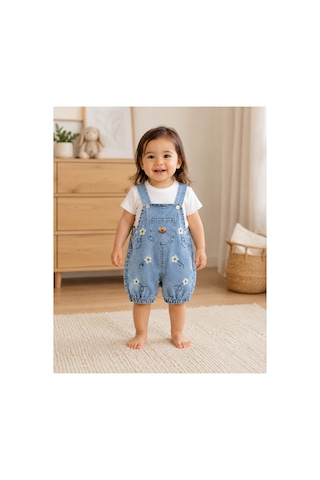 The Two Kız Bebek Papatya Nakışlı Denim Salopet Ve Pamuklu Tişört 2'li Takım 9-18 Ay Çok Renkli
