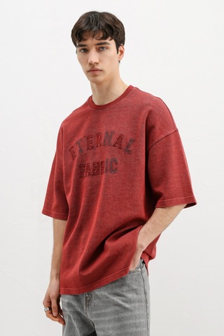 Vamos Oversize Baskılı Tişört V70-148 Bordo