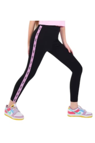 Kız Çocuk Sport Yazı Şeritli Mevsimlik Siyah Renk Tayt Siyah