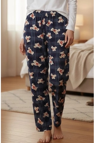Erdenay Tekstil İpeksi Dokulu Süet Pijama Altı Lacivert Ayıcıklı Ekose Lacivert - Ayıcıklı Ekose