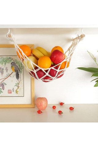 Mufunye Kumaş Ve Ahşap Mutfak Meyve Sepeti - 2 Adet 60 Cm Noktasız Kurulum - Havalandırıcı, Yer Tasarruflu Sebze Askısı Bej