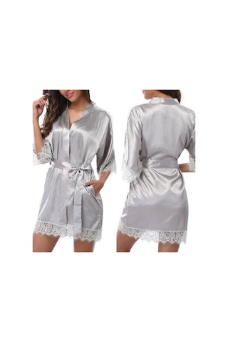 Sones Yarım Kollu Bornoz Kadın Sahte İpek Pijama Gece Elbisesi Gri