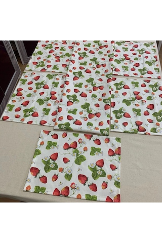 Çilek Desenli Masa Runner 40x110 Cm Ve Amerikan Servis Seti 6 Kişilik Çok Renkli