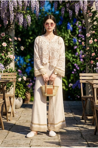 Fashion Cocktail Romantik Kore Tarzı İnci Brode İşçilikli Dantel Zarif Yelek Pantolon Ham Keten Bohem Takım Bej