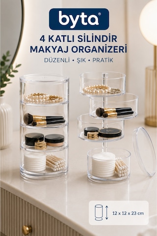 4 Katlı Şeffaf Silindir Makyaj Organizeri Kozmetik, Takı Ve Aksesuar Düzenleyici Şeffaf