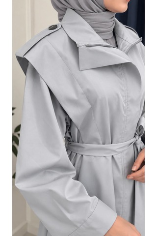 Nevayla Moda Kuşaklı Fermuarlı Mevsimlik Trençkot - Gri / M0116