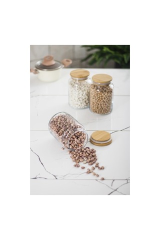 3 Lü Set Bambu Kapaklı Cam Kavanoz & Erzak Saklama Kabı 800 Ml Orta Boy Vakum Kapak Düz Renkli