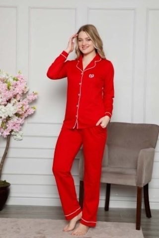 Kadın Alimer Beyaz Biyeli Gömlek Yaka Önden Düğmeli Cepli Uzun Kollu Mevsimlik Pamuk Likra Pijama Takım Kırmızı