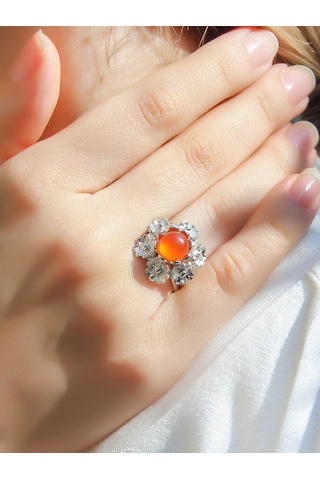 Esha Store Doğal Taş Akik Doğal Taşlı Çiçek Model Telkari Kadın Ayarlanabilir Gümüş Kaplama Yüzük Euy61ar Kırmızı