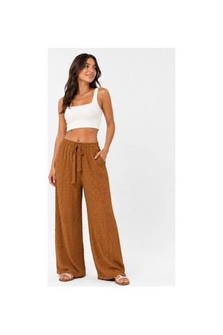 Hira Life Fashion Kadın Kumaşı Kabartma Detaylı Bol Paça Ve Önü Bağcıklı Salaş Burgu Şık Pantolon Camel Camel